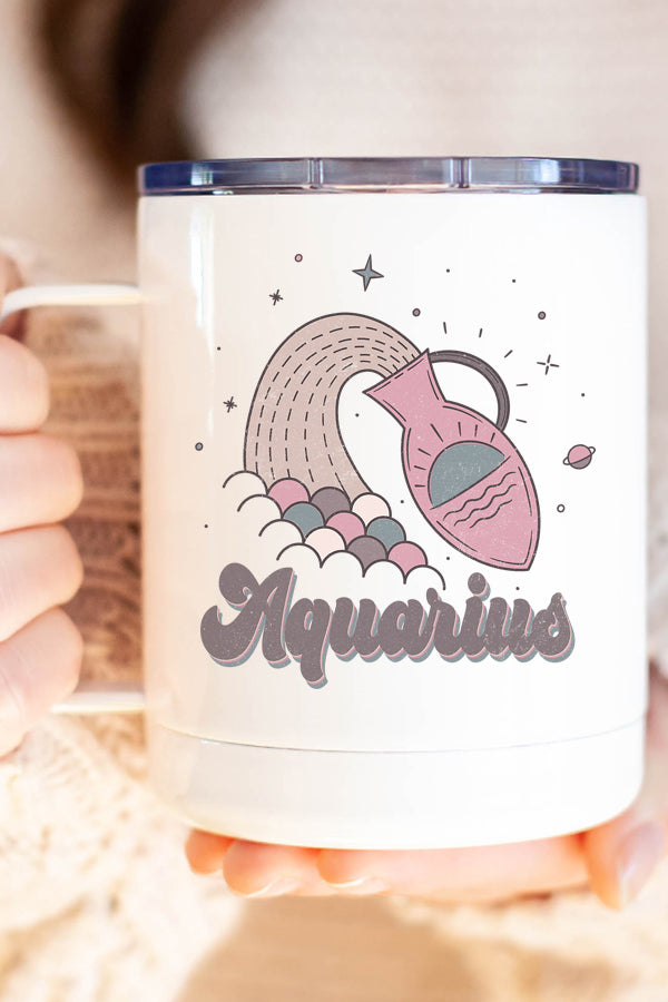 Aquarius Astrological Sign Stainless Steel Coffee Travel Cup with double wall insulation and printed design on both sides.