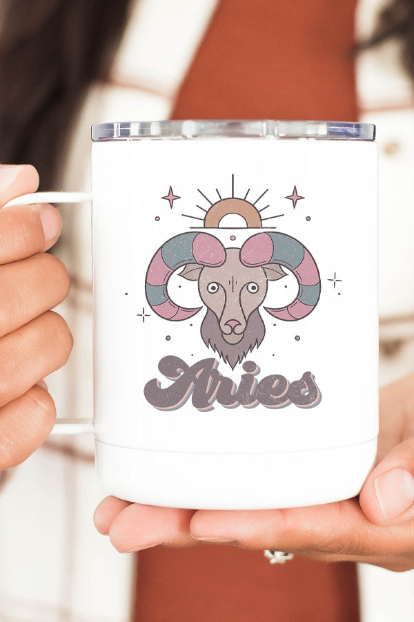 A stylish stainless steel travel mug featuring the Aries astrological sign, double wall insulated with a secure lid.