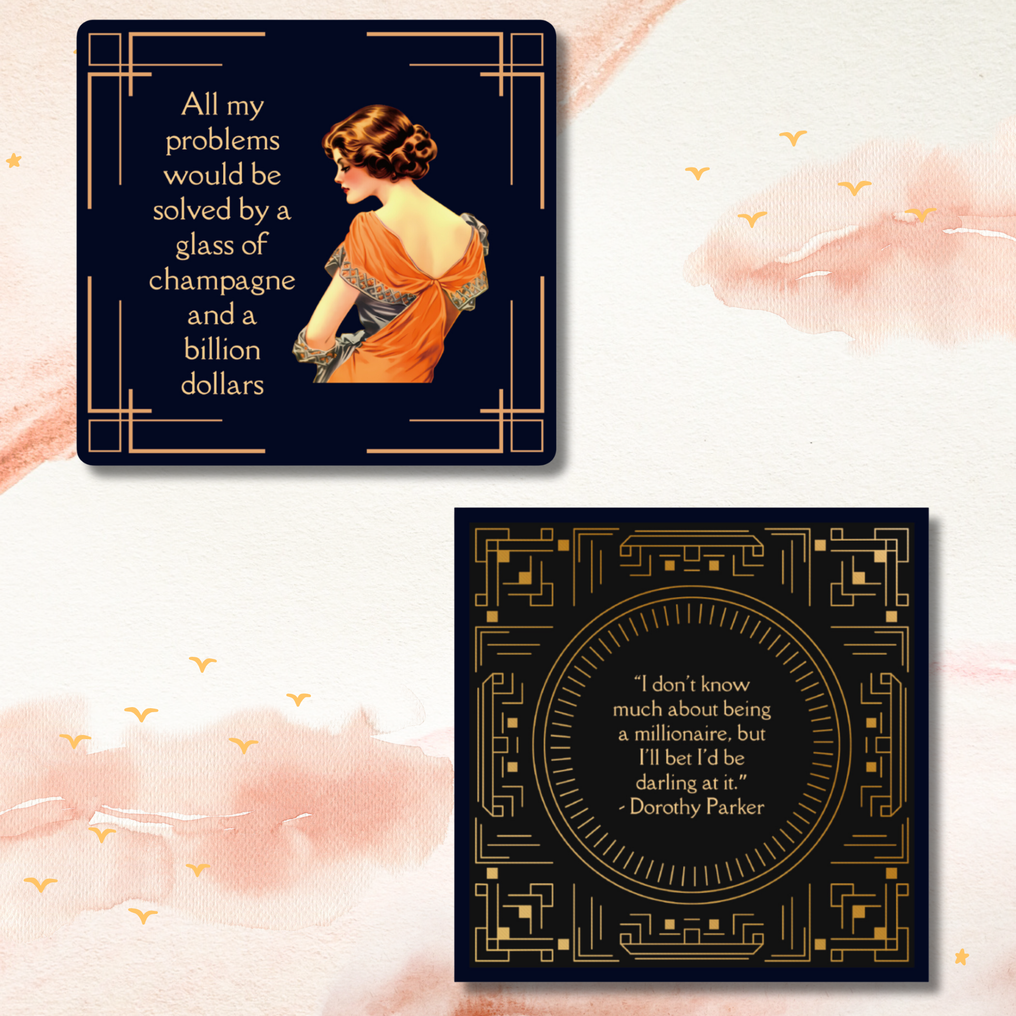 Art Deco Sticker Bundle featuring glossy die cut vinyl stickers with humorous quotes and vibrant designs.