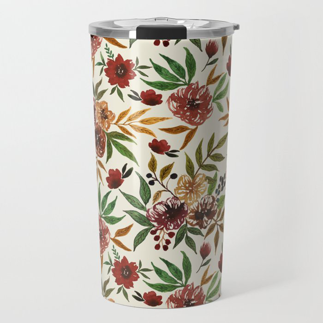 A stylish Autumn Flowers Travel Mug featuring vibrant floral designs, made of stainless steel with a vacuum-sealed lid.