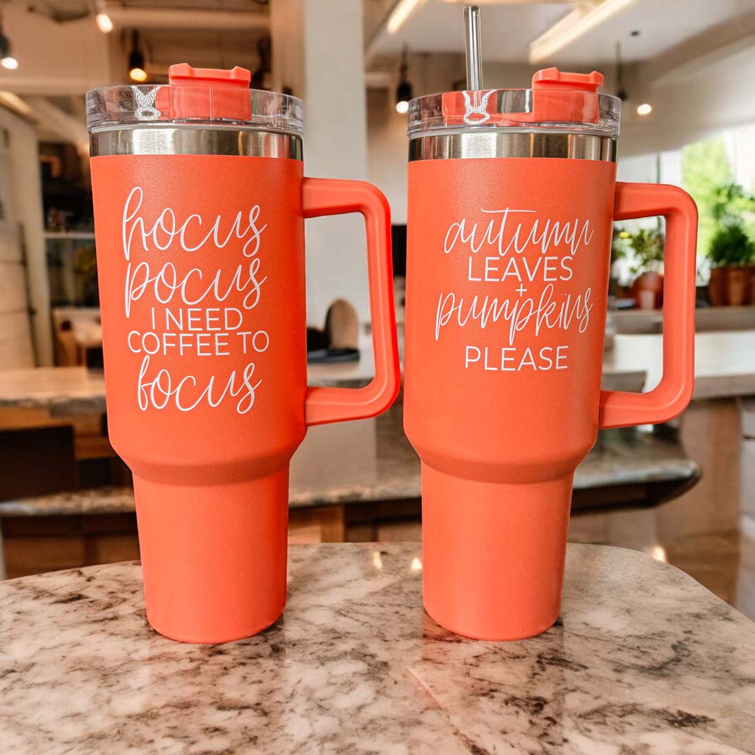 Orange 40oz tumbler with 'Autumn Leaves + Pumpkins Please' design, featuring a matte finish and a 3-in-1 lid.