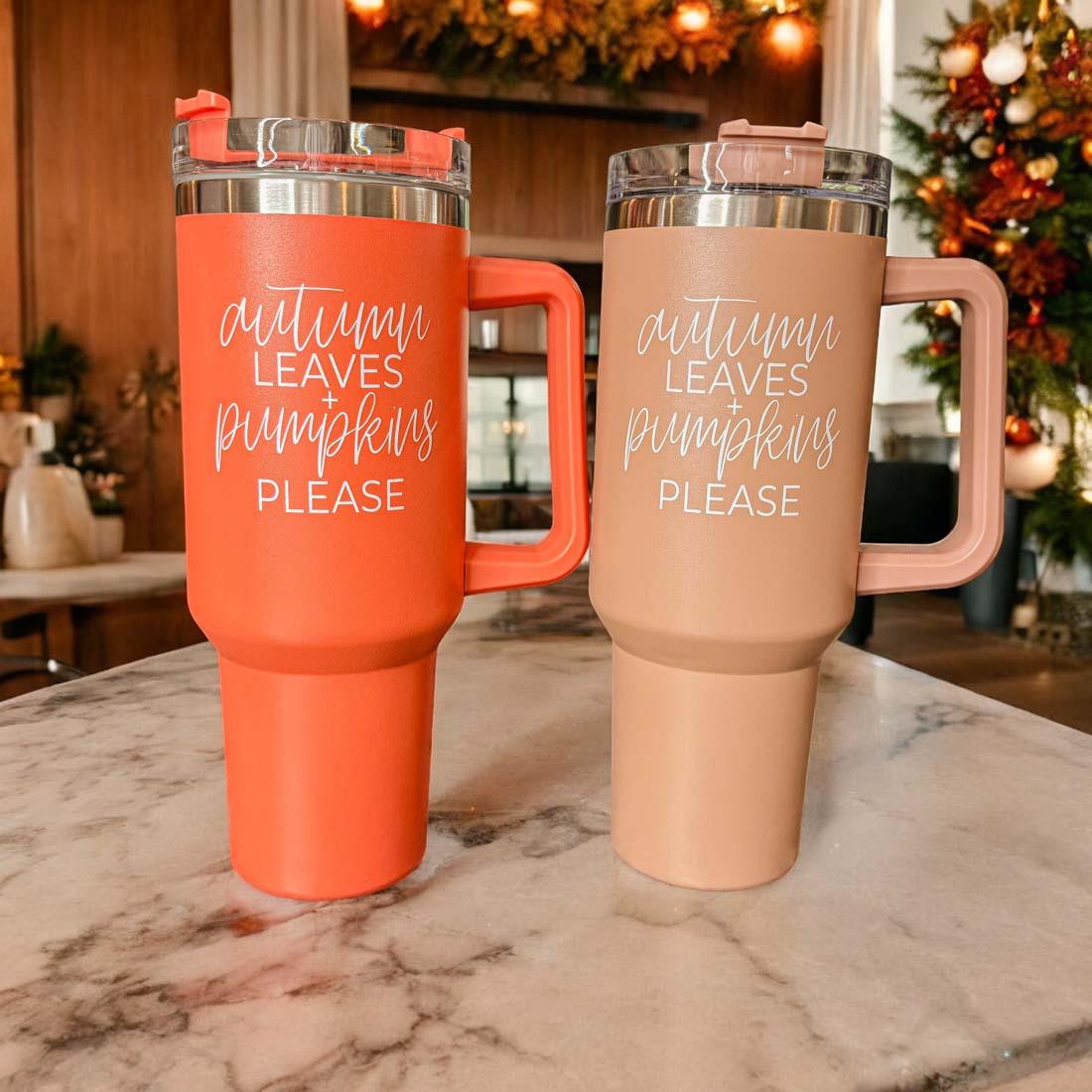 Orange 40oz tumbler with 'Autumn Leaves + Pumpkins Please' design, featuring a matte finish and a 3-in-1 lid.