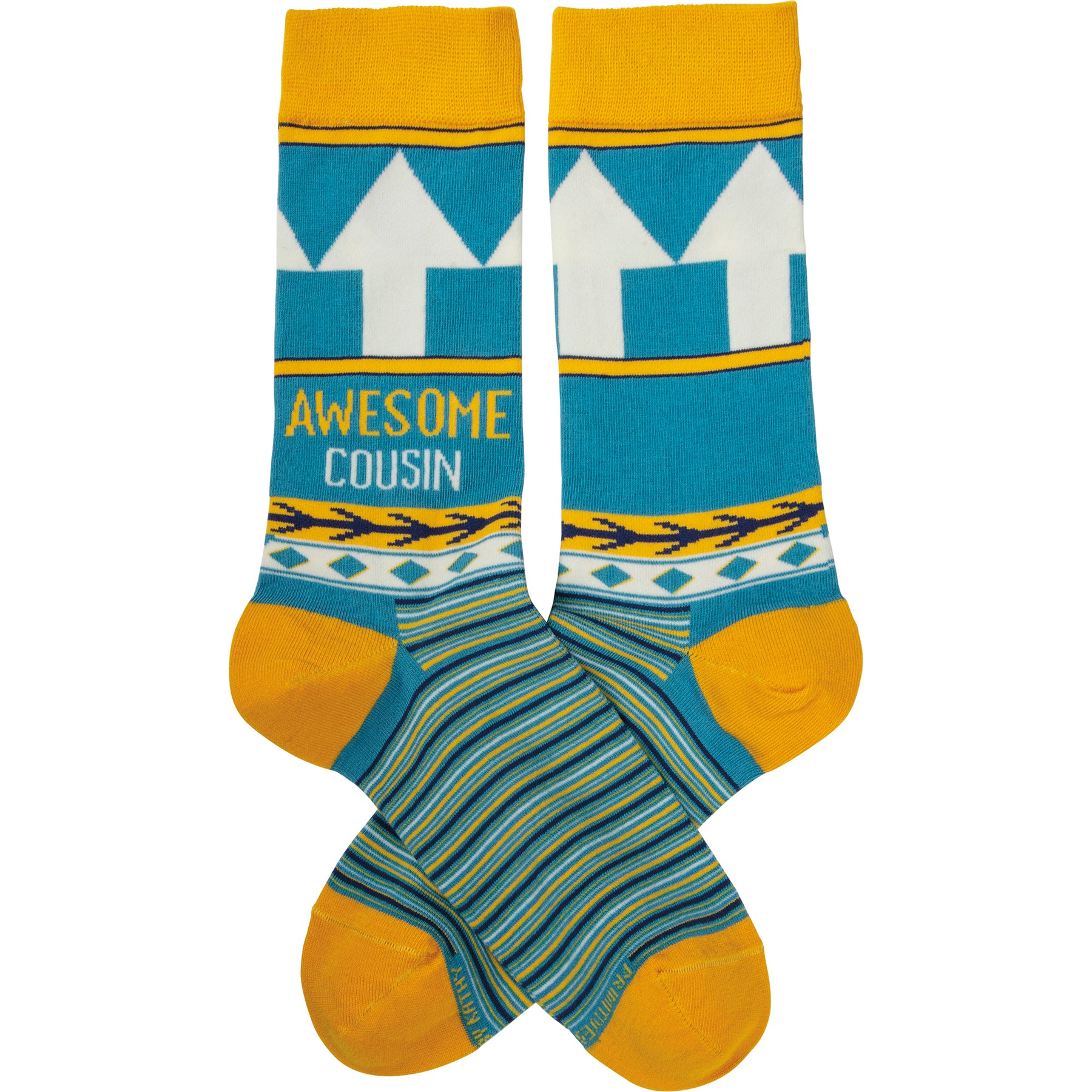 Colorful Awesome Cousin Socks featuring a woven design with the text 'Awesome Cousin', perfect for gifting.