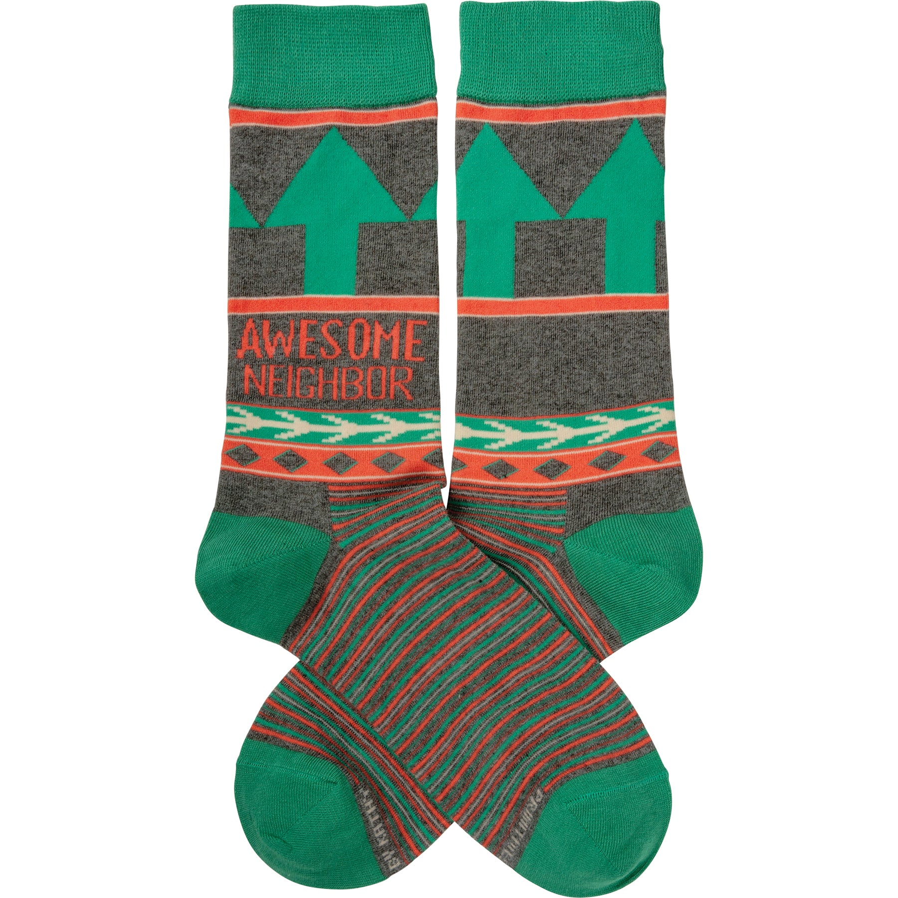 Colorful Awesome Neighbor Socks featuring woven designs and sentiment, perfect for gifting.