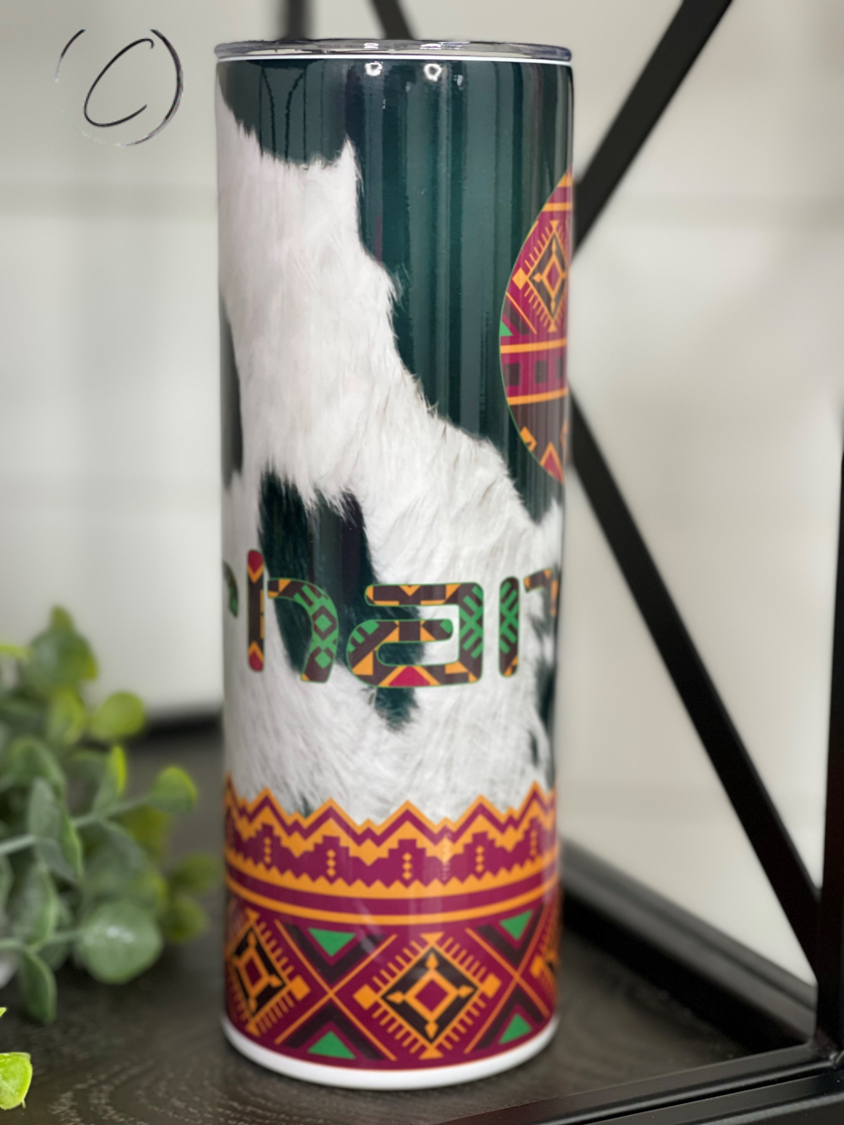 Aztec Cowhide Carhartt 20oz Skinny Tumbler featuring a full wrap design with a unique Aztec pattern, perfect for hot and cold beverages.