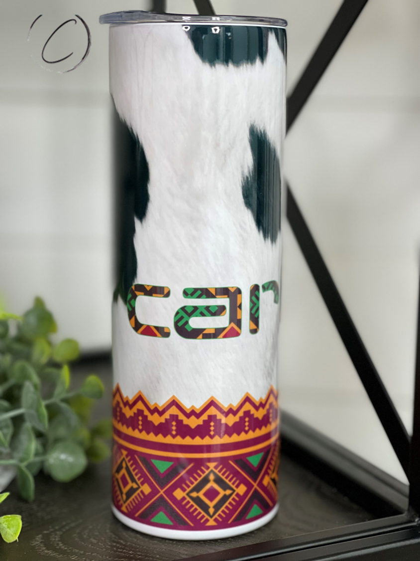 Aztec Cowhide Carhartt 20oz Skinny Tumbler featuring a full wrap design with a unique Aztec pattern, perfect for hot and cold beverages.