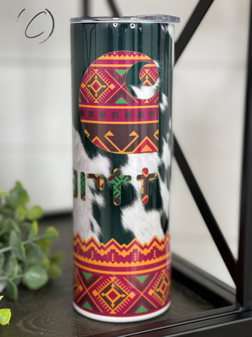 Aztec Cowhide Carhartt 20oz Skinny Tumbler featuring a full wrap design with a unique Aztec pattern, perfect for hot and cold beverages.