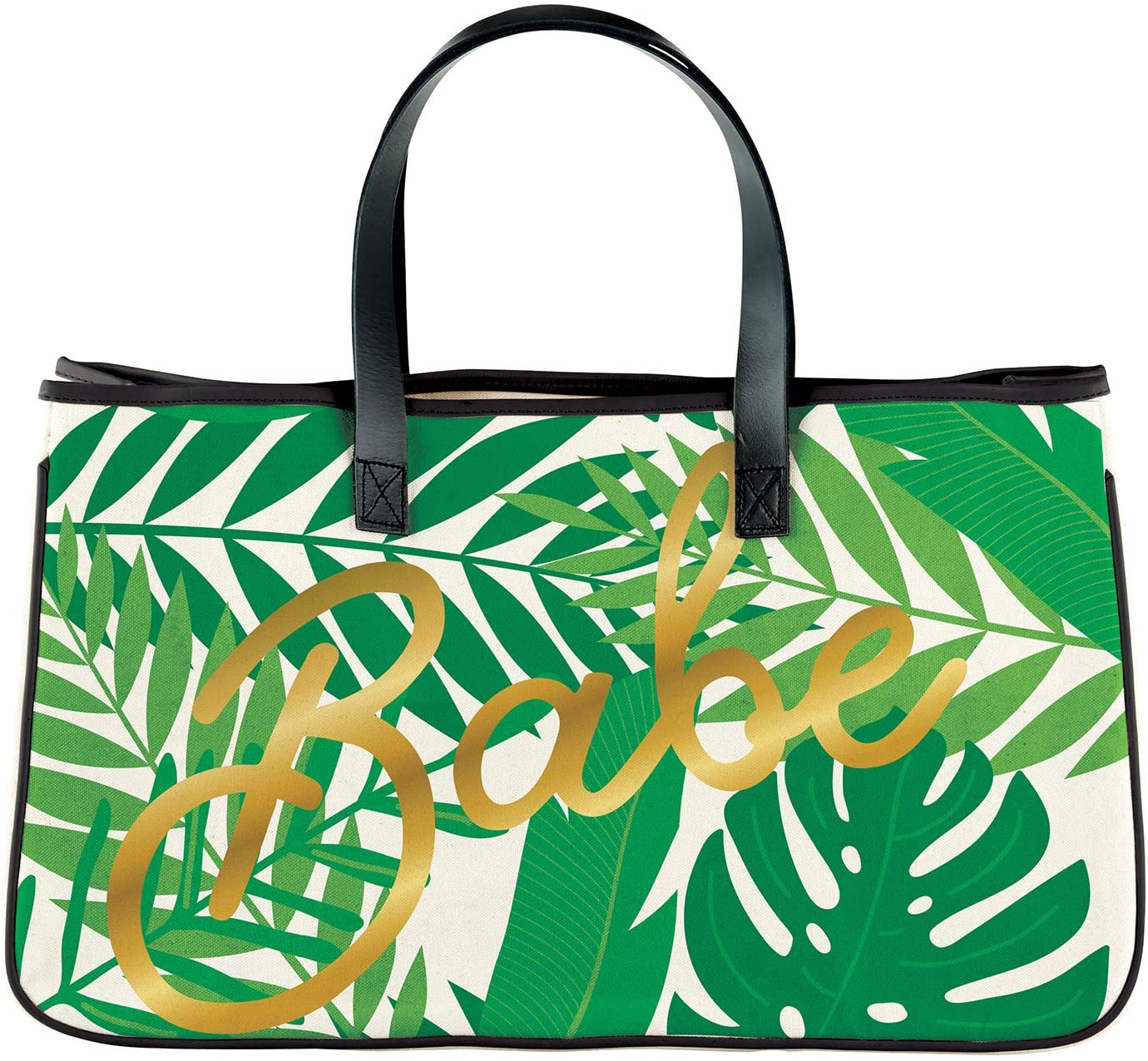 Babe Palm Leaves Large Rectangular Tote Bag with genuine leather handles and palm leaf print design, perfect for stylish outings.
