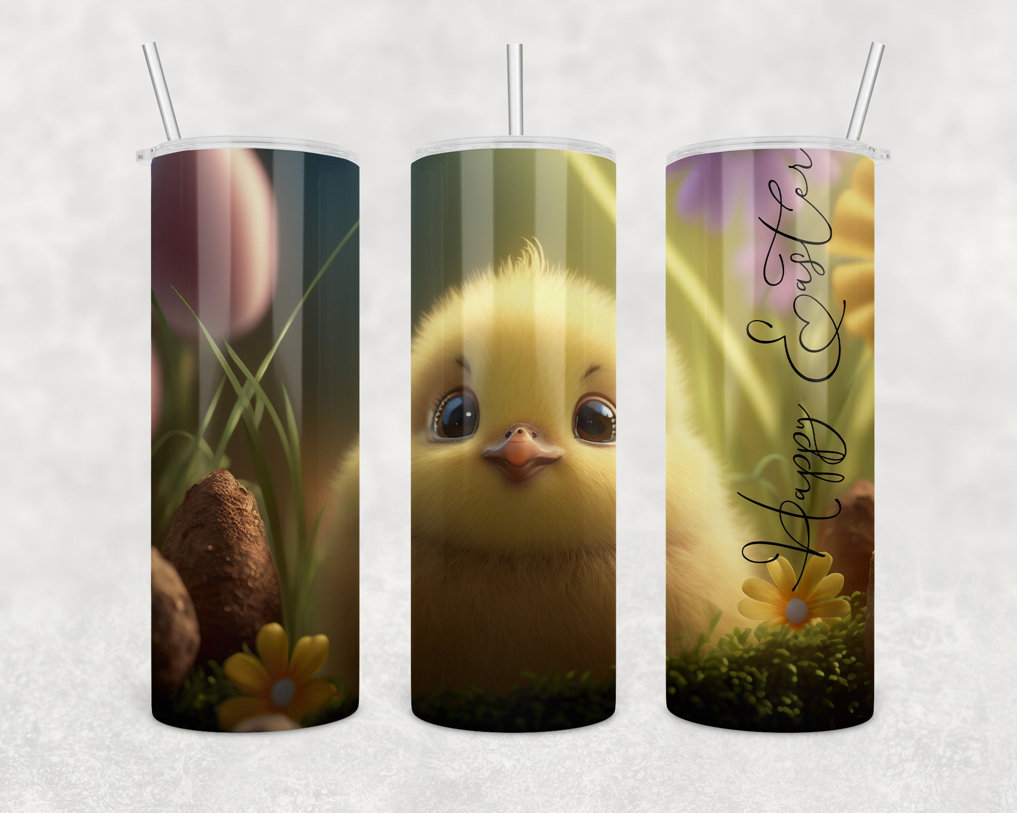 Baby Chick 20oz Skinny Tumbler in stainless steel with a powder-coated finish, featuring a clear lid and stainless steel straw.