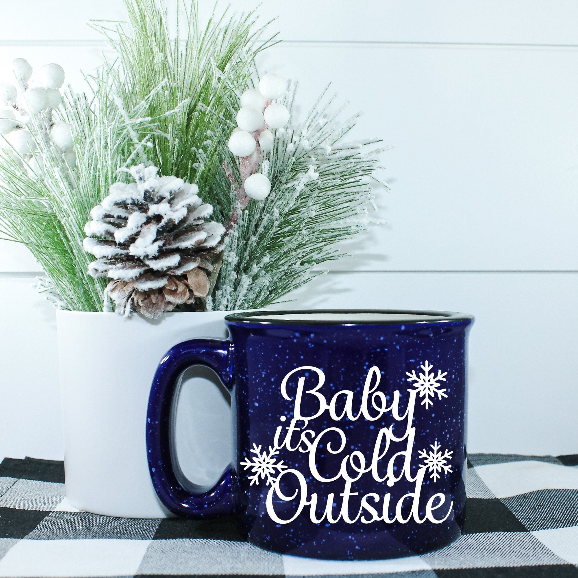 Ceramic Baby It's Cold Outside Campfire Mug with outdoor vinyl design, perfect for cozy beverages.