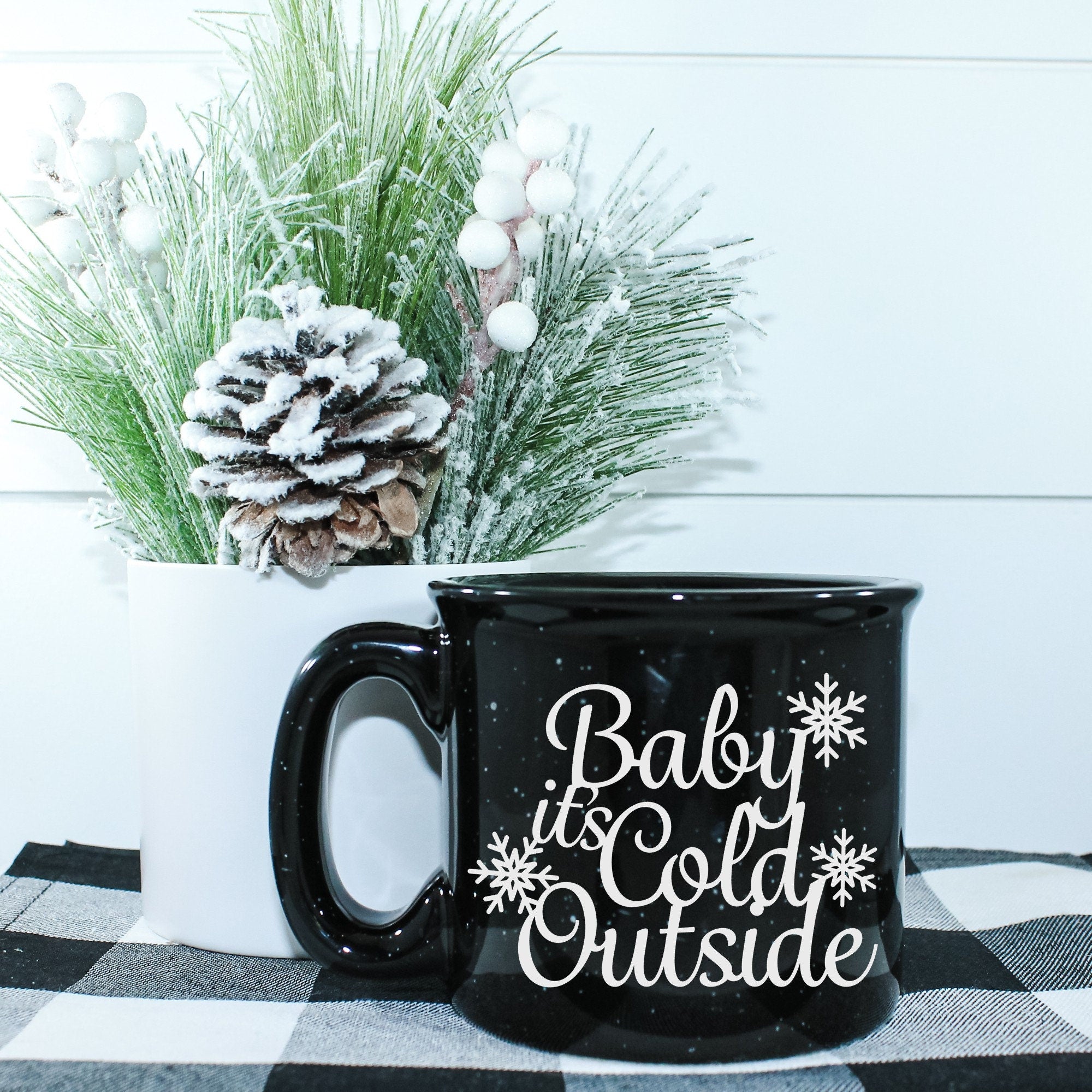Ceramic Baby It's Cold Outside Campfire Mug with outdoor vinyl design, perfect for cozy beverages.