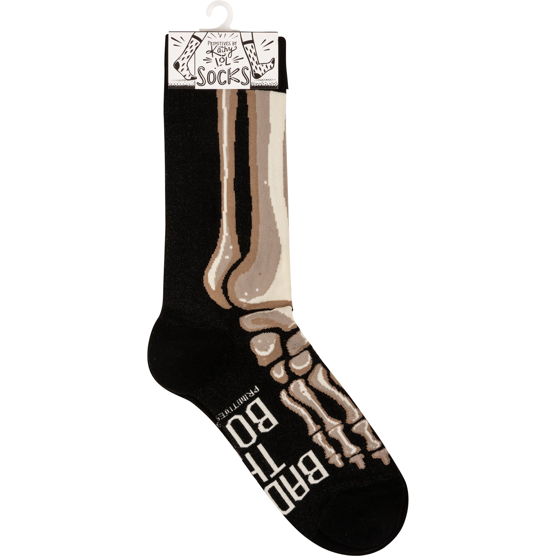 Colorful Bad To The Bone socks featuring woven skeleton leg designs and hand lettered text.