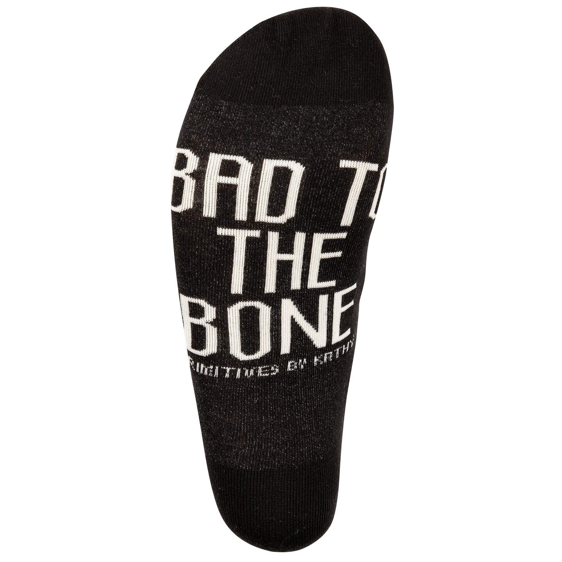 Colorful Bad To The Bone socks featuring woven skeleton leg designs and hand lettered text.