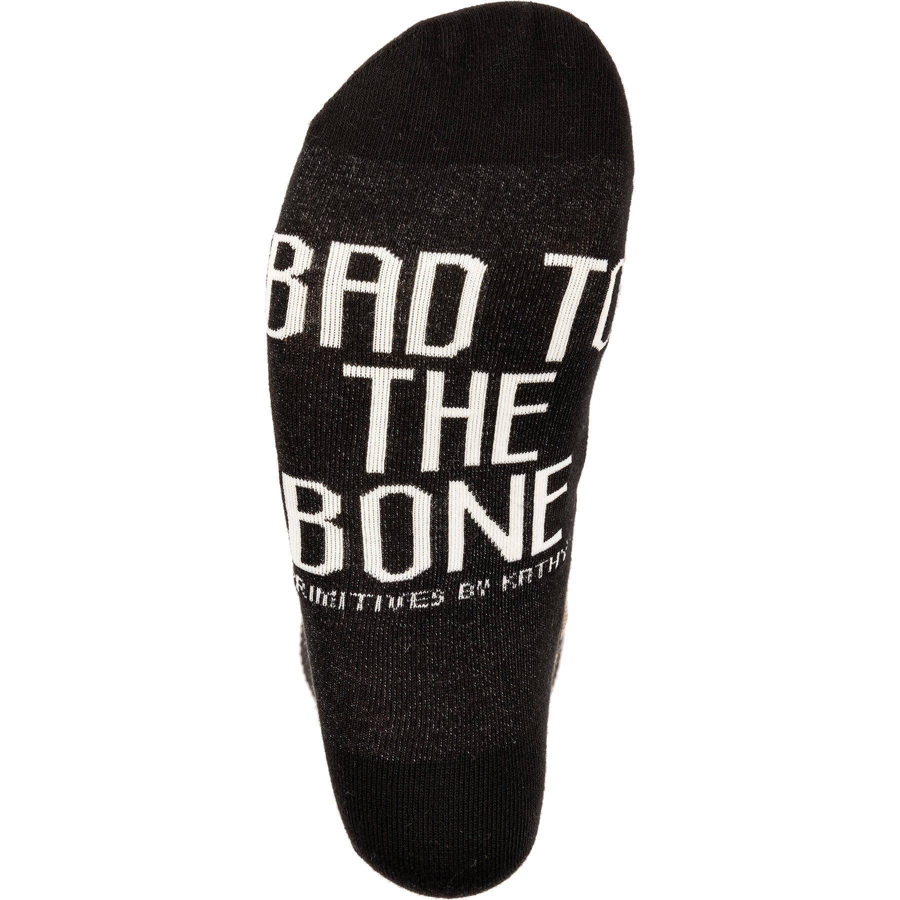 Colorful Bad To The Bone socks featuring woven skeleton leg designs and hand lettered text.