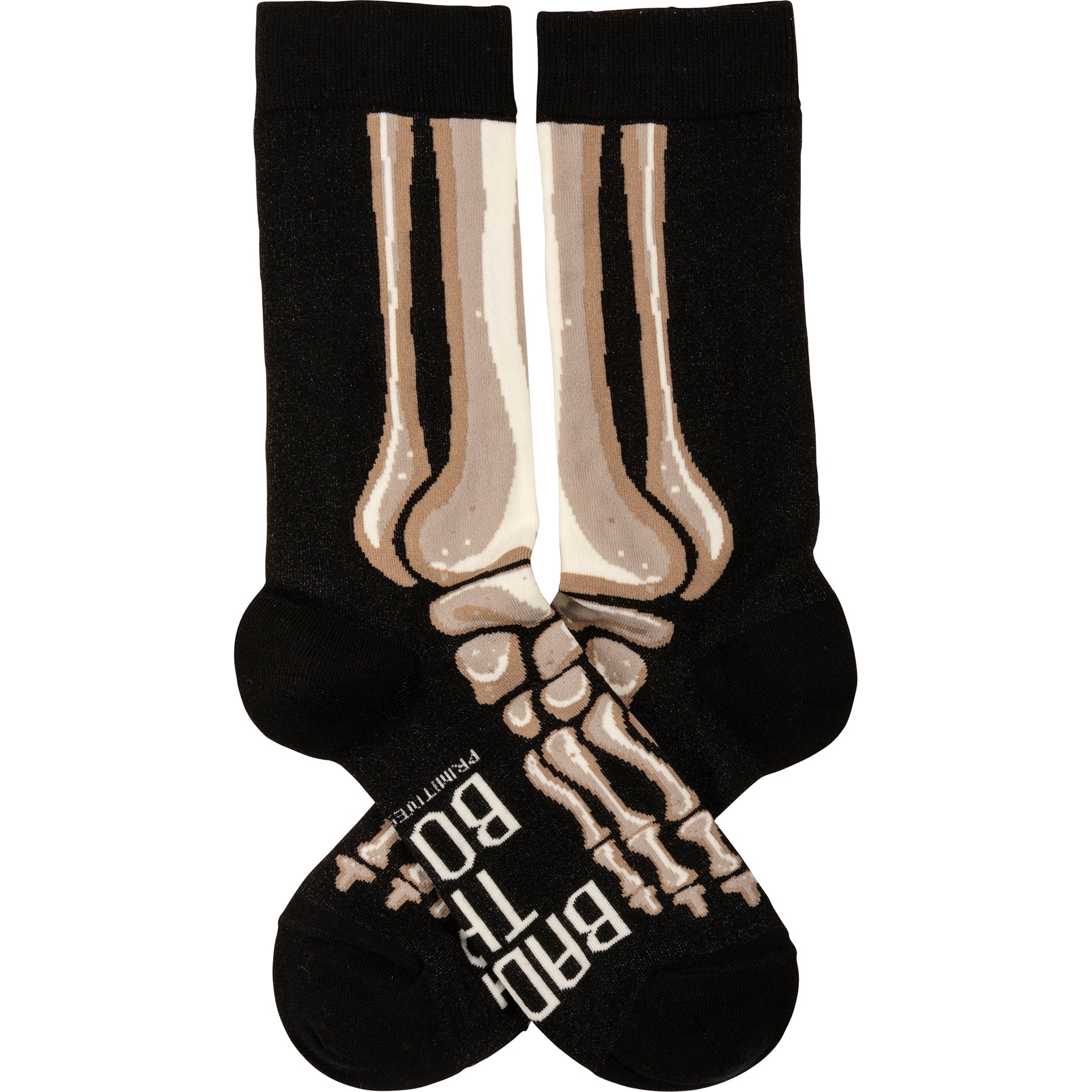 Colorful Bad To The Bone socks featuring woven skeleton leg designs and hand lettered text.