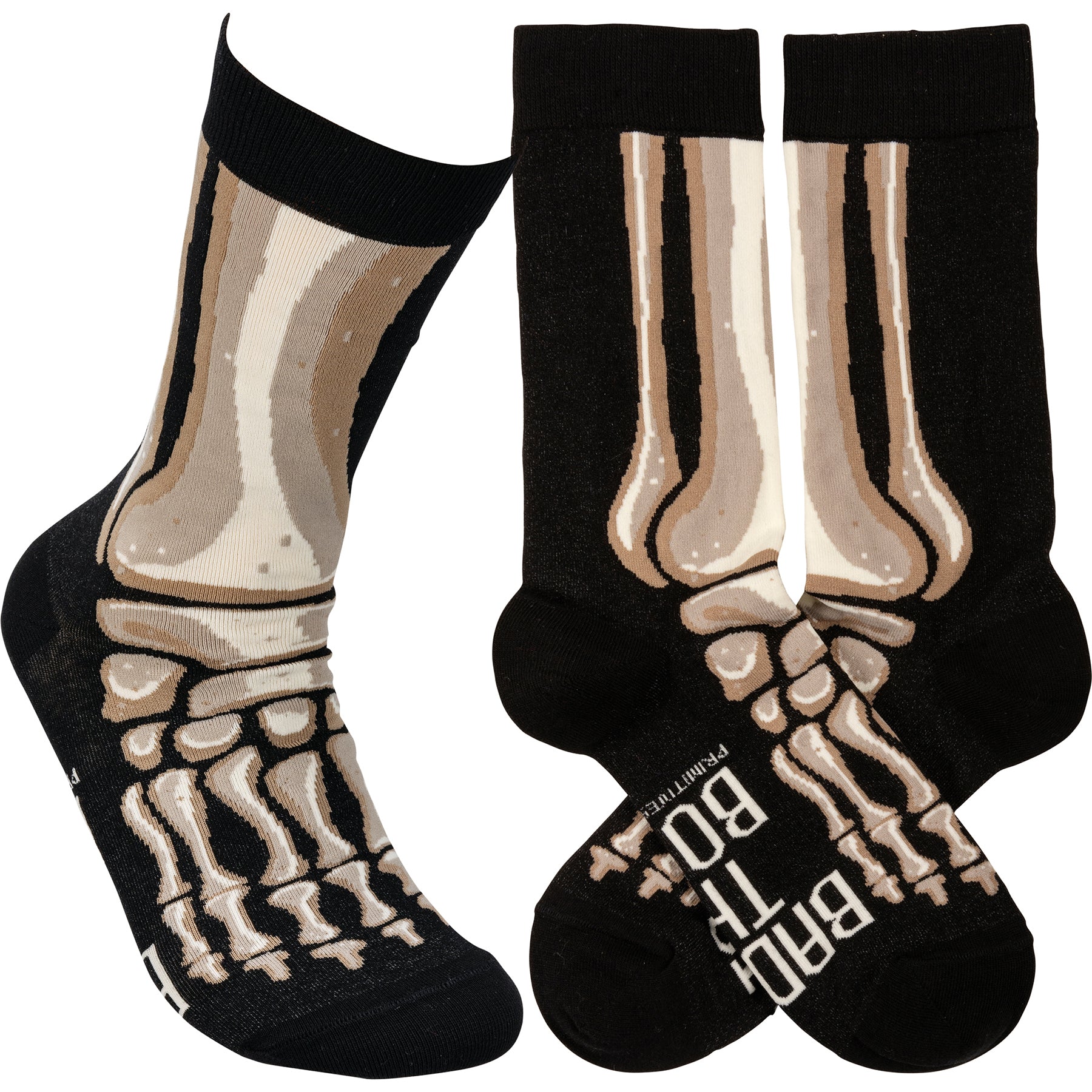 Colorful Bad To The Bone socks featuring woven skeleton leg designs and hand lettered text.