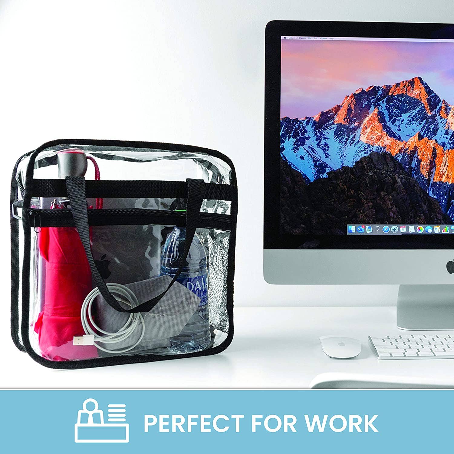 Bagsko Clear Bag featuring a zipper closure, spacious design, and waterproof bottom, ideal for stadium events.