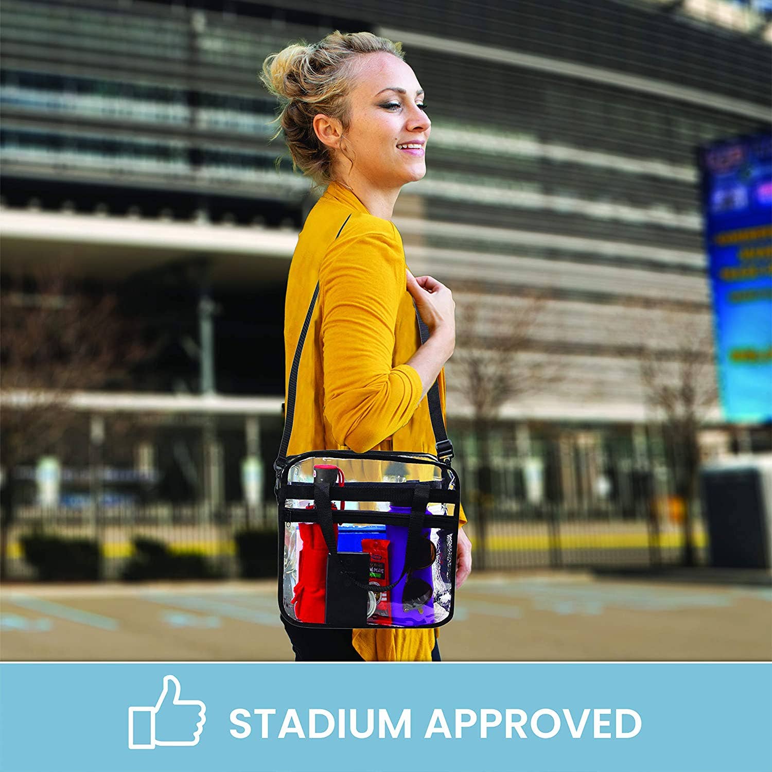Bagsko Clear Bag featuring a zipper closure, spacious design, and waterproof bottom, ideal for stadium events.