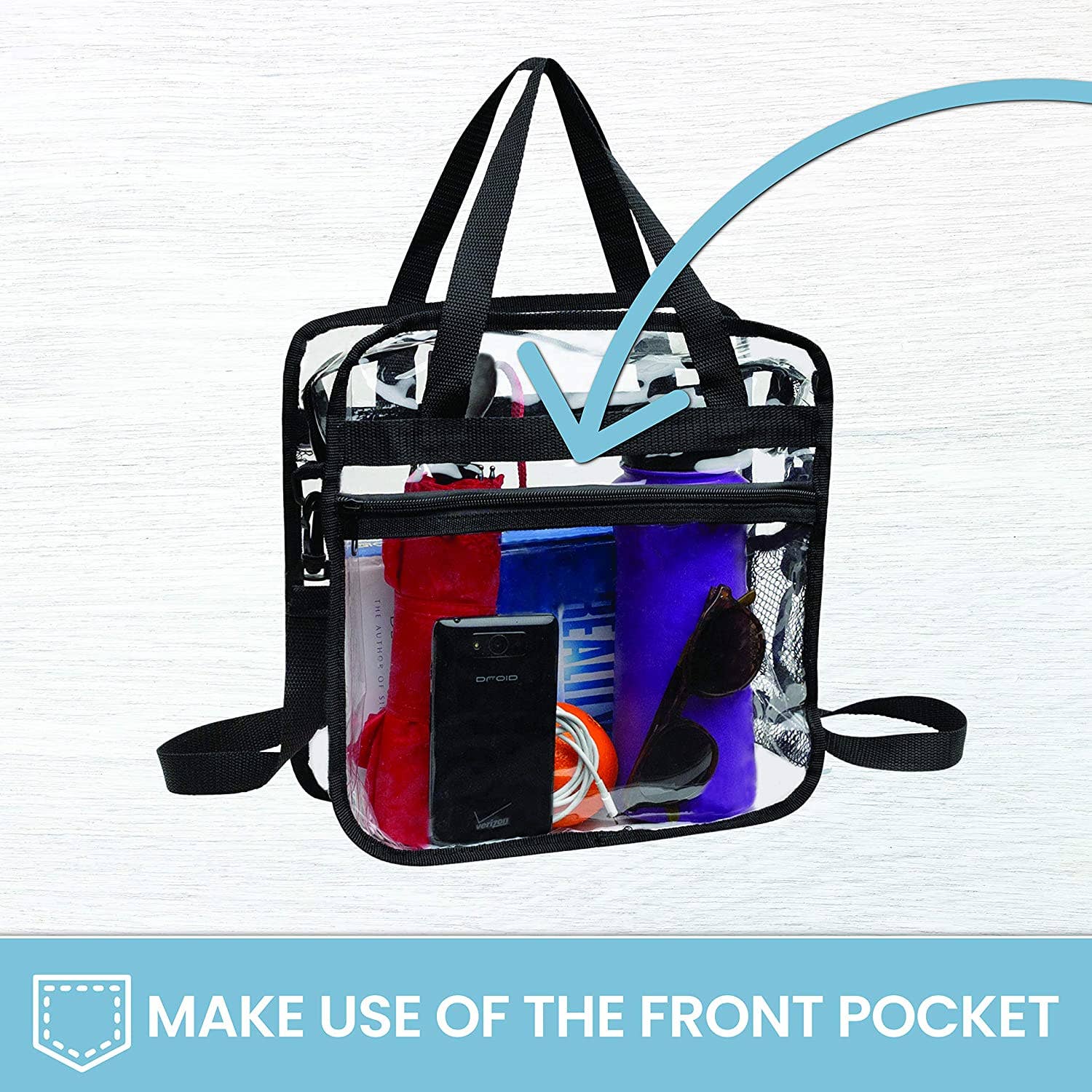 Bagsko Clear Bag featuring a zipper closure, spacious design, and waterproof bottom, ideal for stadium events.