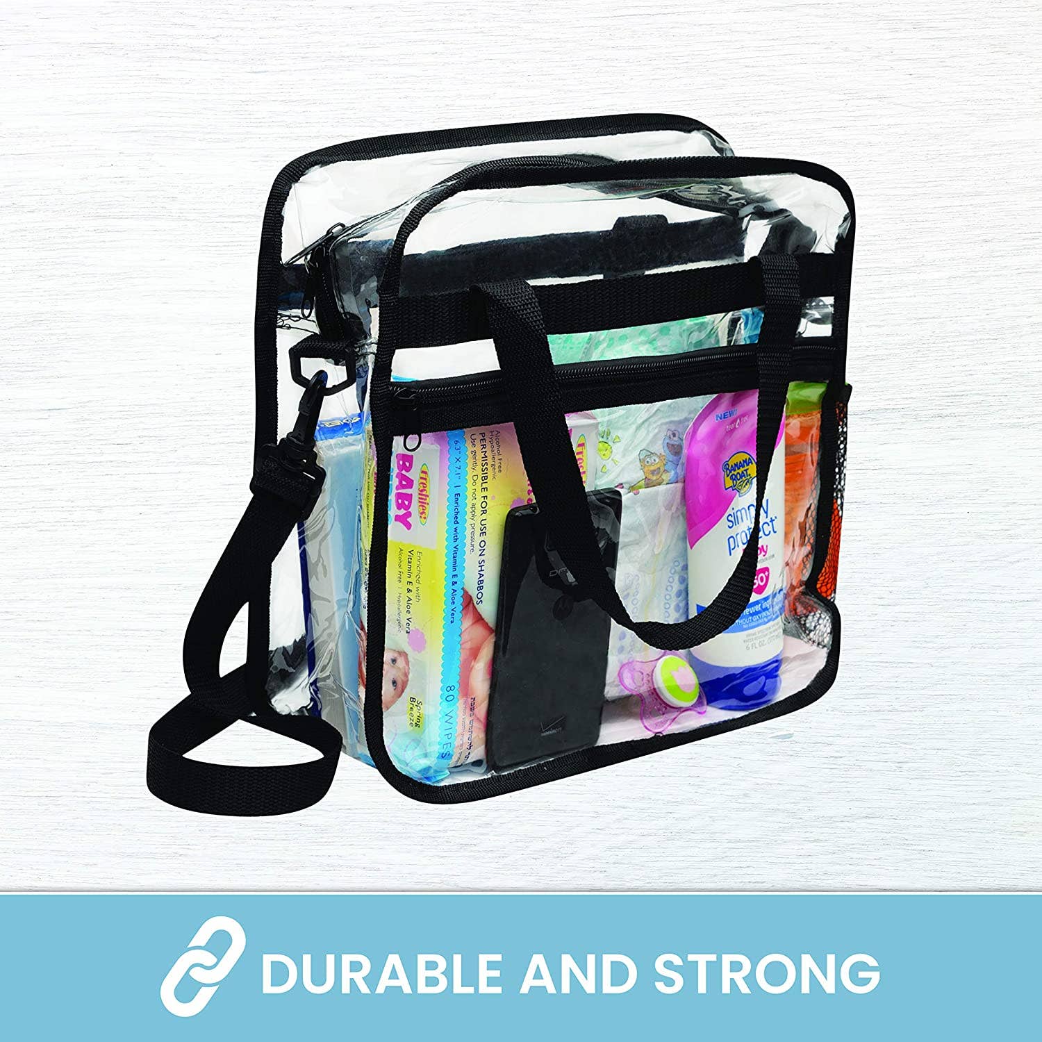 Bagsko Clear Bag featuring a zipper closure, spacious design, and waterproof bottom, ideal for stadium events.