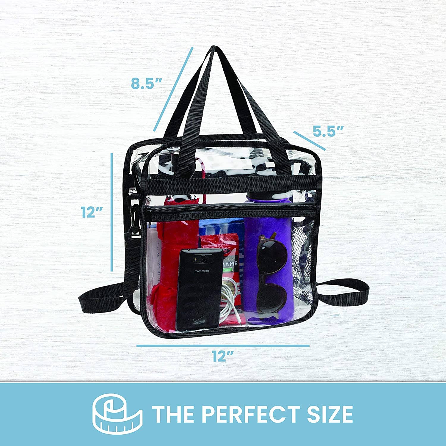 Bagsko Clear Bag featuring a zipper closure, spacious design, and waterproof bottom, ideal for stadium events.