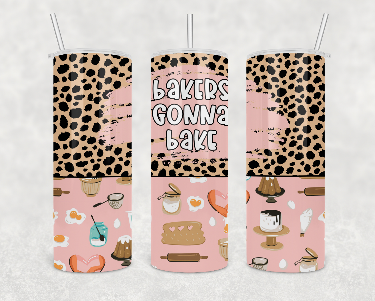 Bakers Gonna Bake 20 oz Skinny Tumbler in stainless steel with a powder-coated finish, featuring a clear lid and stainless steel straw.