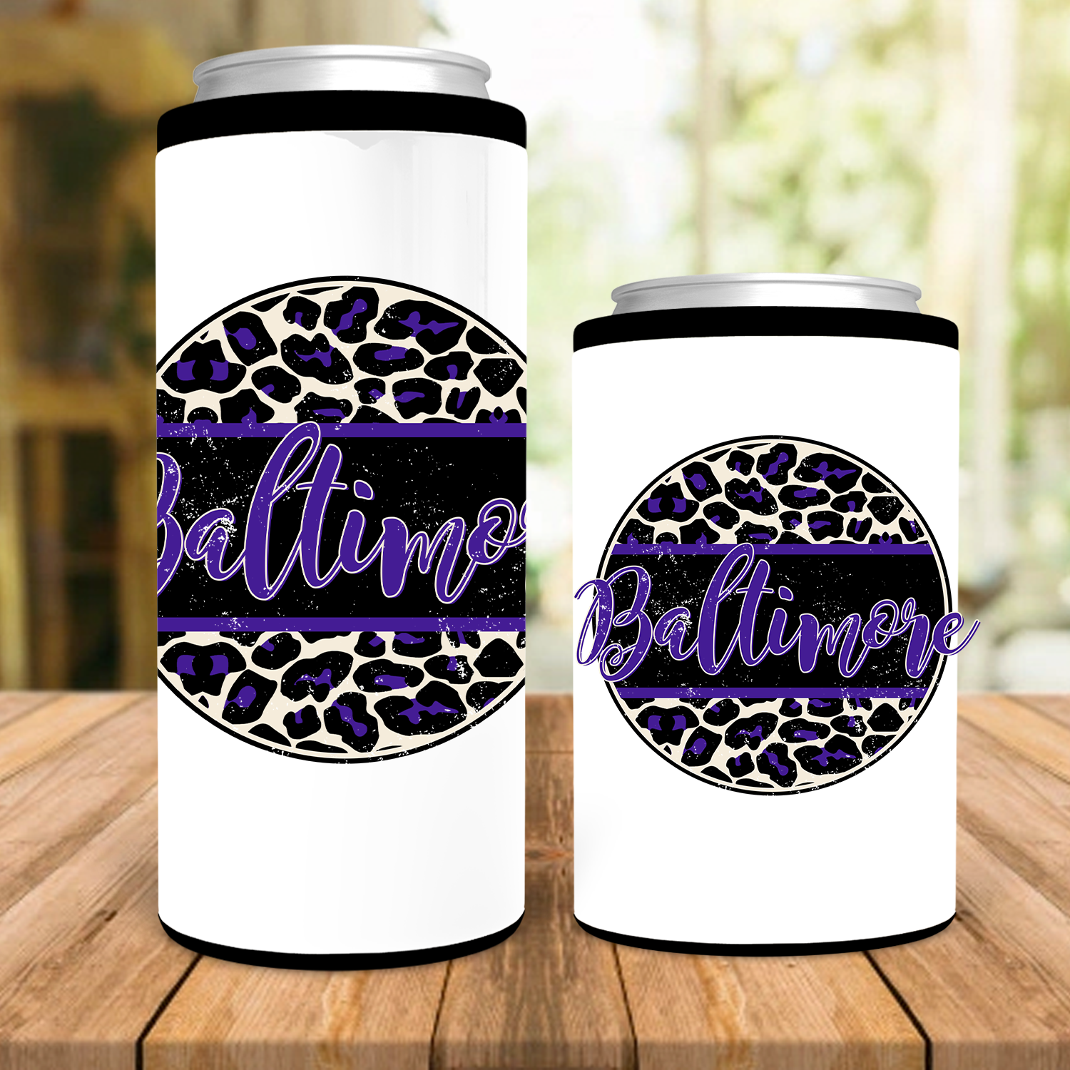 Baltimore Distressed Leopard Circle Can Cooler showcasing its stylish design and stainless steel body.