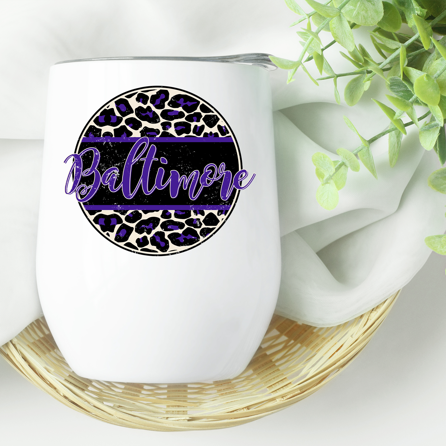 Baltimore Distressed Leopard Circle Wine Tumbler with a stylish leopard print design, featuring a secure lid and insulated stainless-steel exterior.