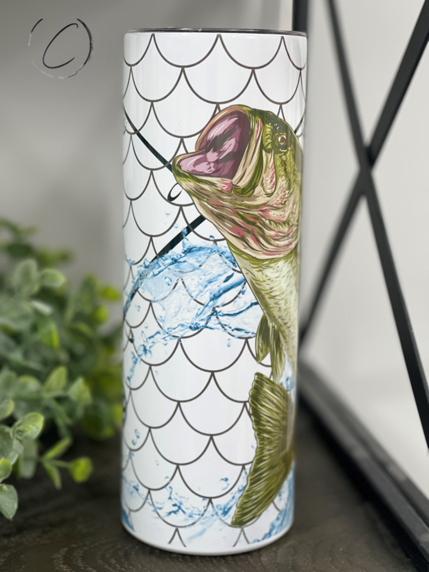 Bass 20oz Skinny Tumbler with full wrap design and reusable straw, showcasing its durable and stylish features.