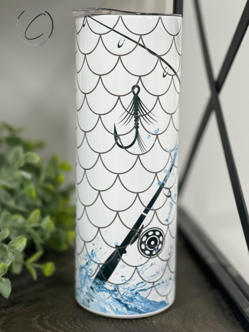 Bass 20oz Skinny Tumbler with full wrap design and reusable straw, showcasing its durable and stylish features.