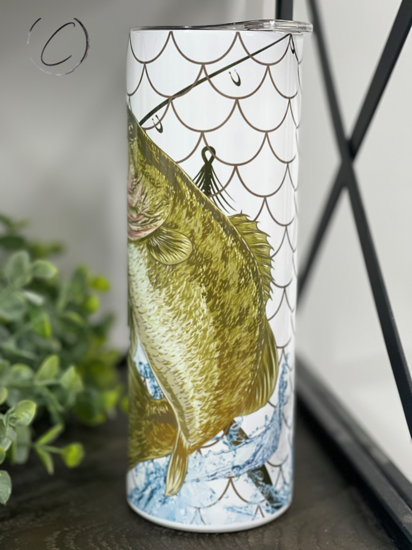 Bass 20oz Skinny Tumbler with full wrap design and reusable straw, showcasing its durable and stylish features.