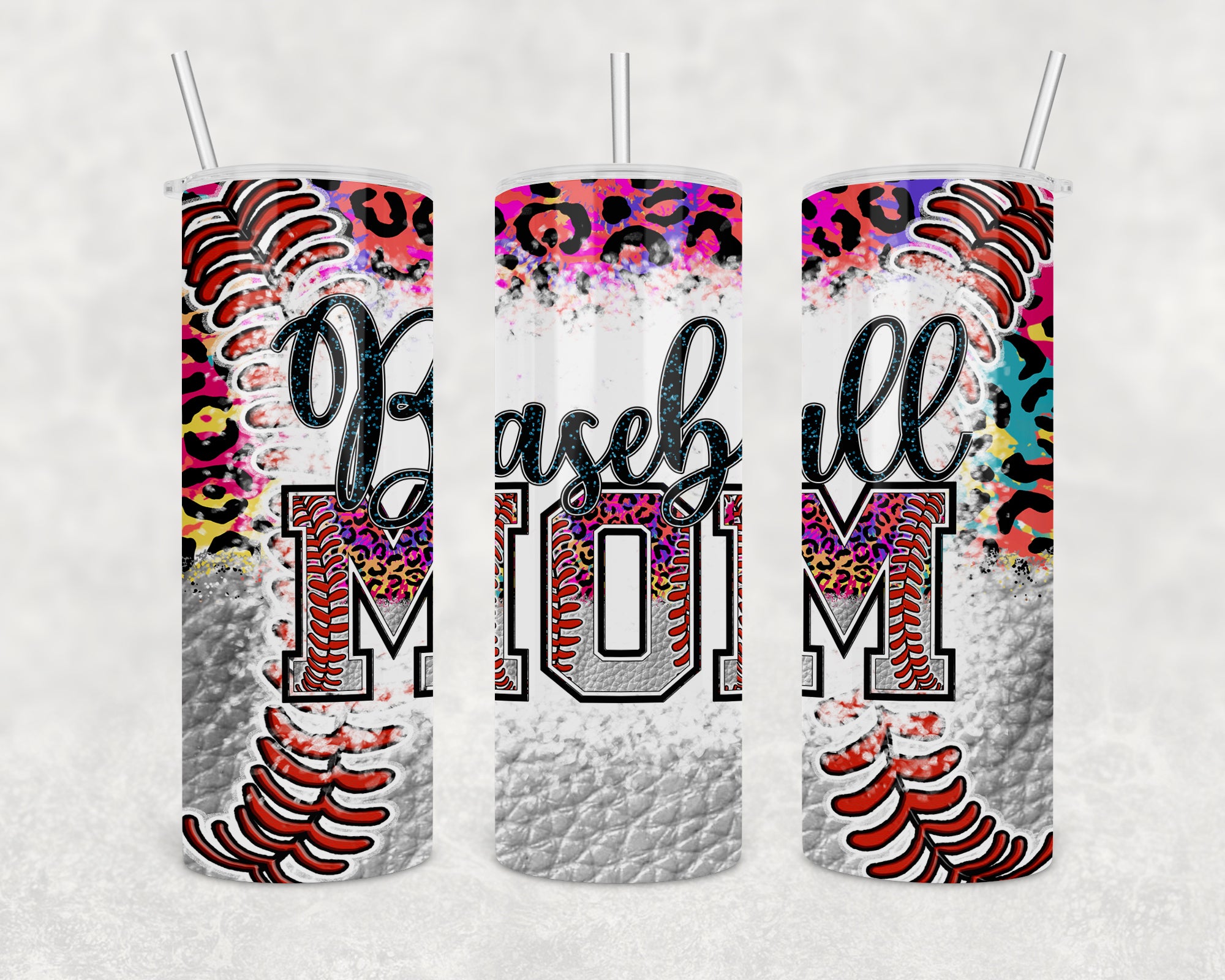 A stylish Baseball Mom Skinny Tumbler in stainless steel with a powder-coated finish, featuring a clear sliding lid and stainless steel straw.