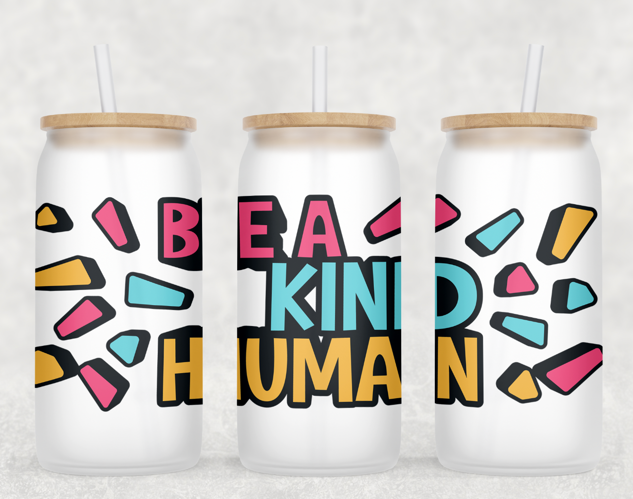 Be a Nice Human Glass Can Tumbler with bamboo lid and clear straw, showcasing a frosted glass design.