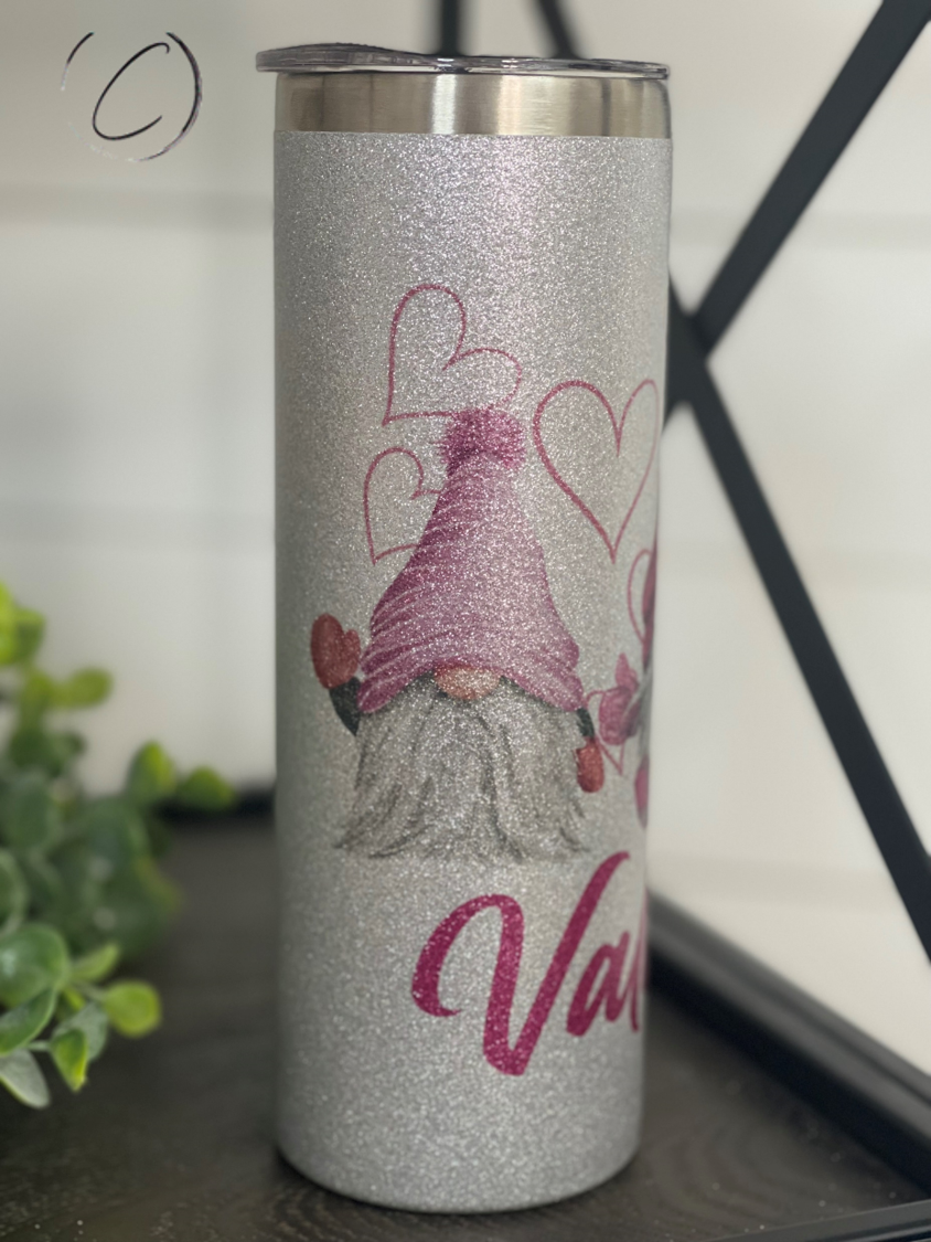 Be Mine Valentine Gnomes 20oz Glitter Skinny Tumbler with vibrant glitter and gnome design, perfect for Valentine's Day.