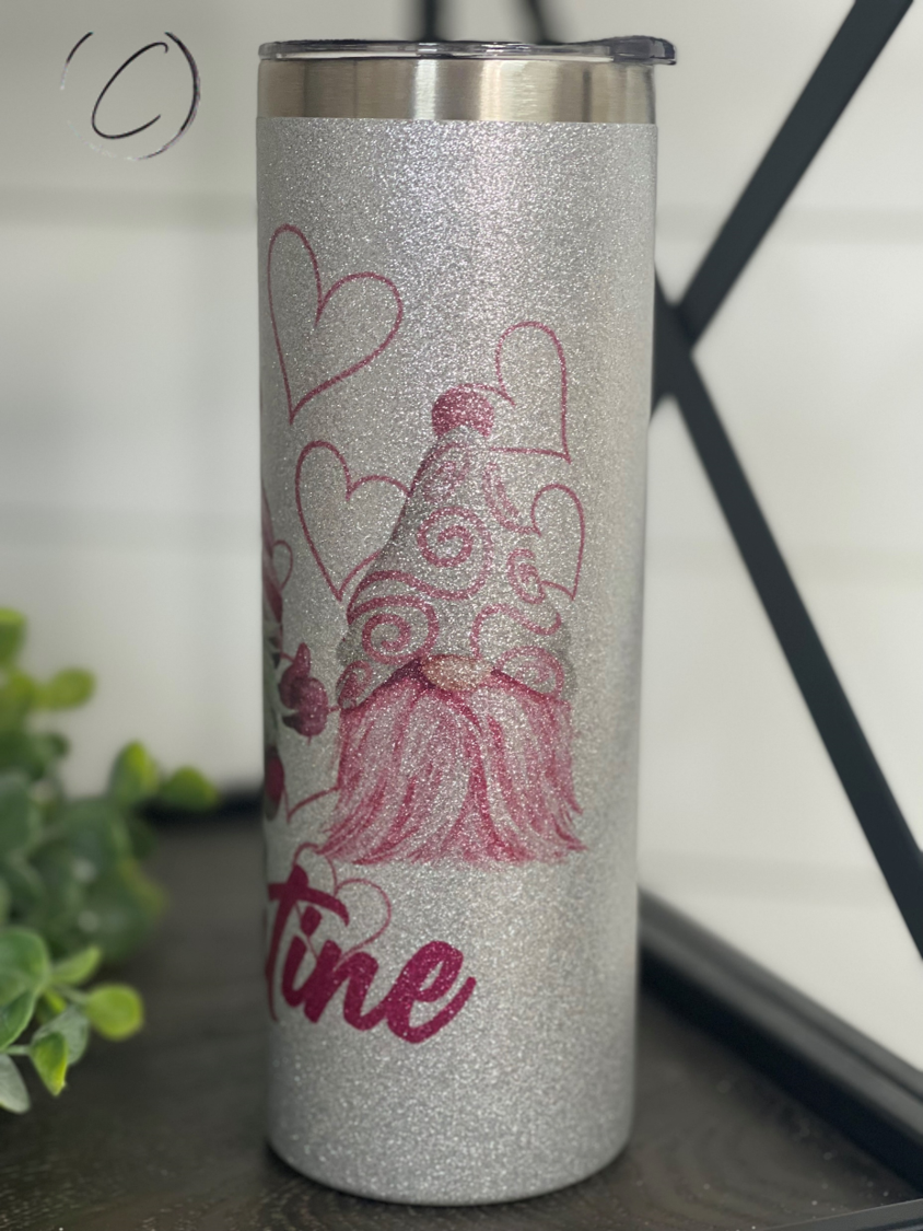 Be Mine Valentine Gnomes 20oz Glitter Skinny Tumbler with vibrant glitter and gnome design, perfect for Valentine's Day.