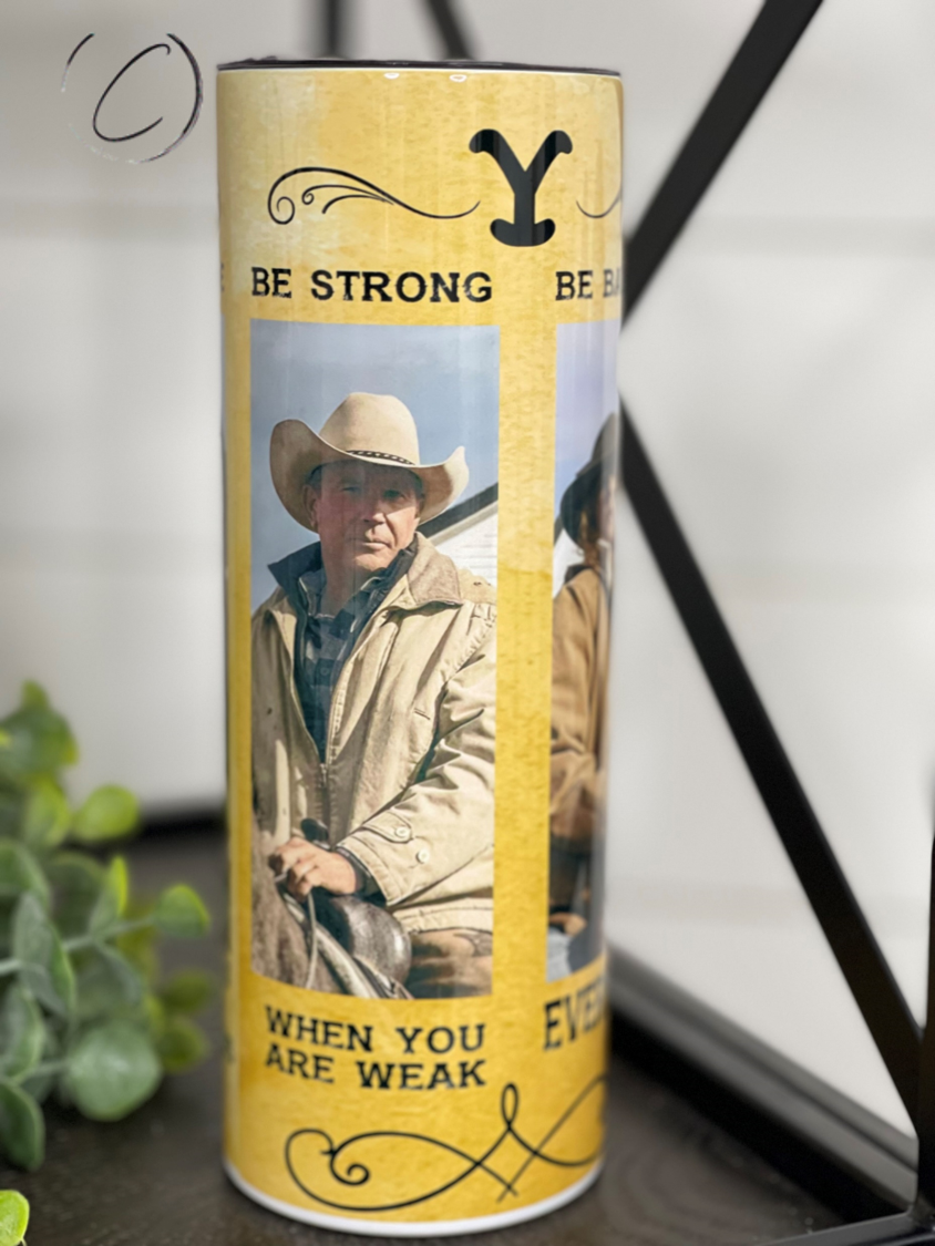 Be Yellowstone 20oz Skinny Tumbler with a vibrant full wrap design, featuring a reusable straw and insulated body.