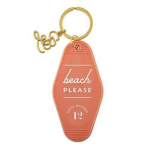 Colorful Beach Please Motel Style Keychain with gold hardware, featuring a vintage motel tag design.