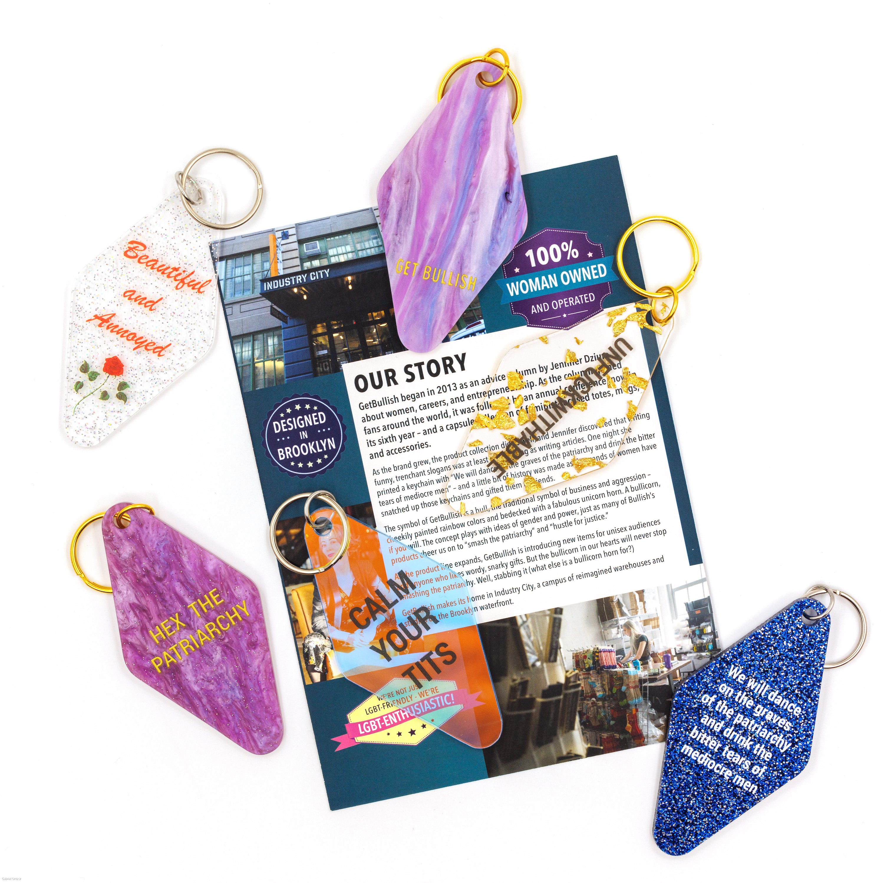 Beautiful and Annoyed Motel Style Key Tag Keychain with clear glitter design, featuring the phrase 'Beautiful and Annoyed' in bold letters.