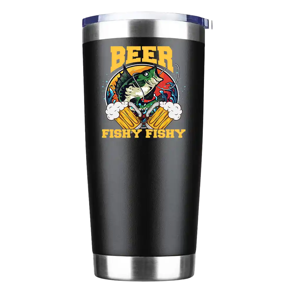 Beer Fishy Fishy 2 20oz insulated tumbler with UV-printed design, showcasing its sleek stainless steel construction.