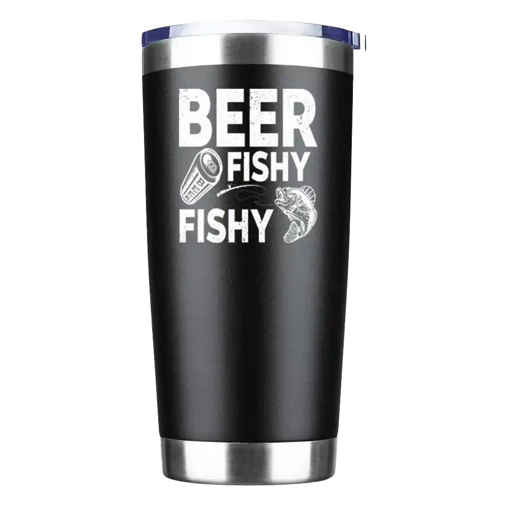 Beer Fishy Fishy 20oz insulated tumbler with a vibrant UV-printed design, perfect for hot and cold beverages.