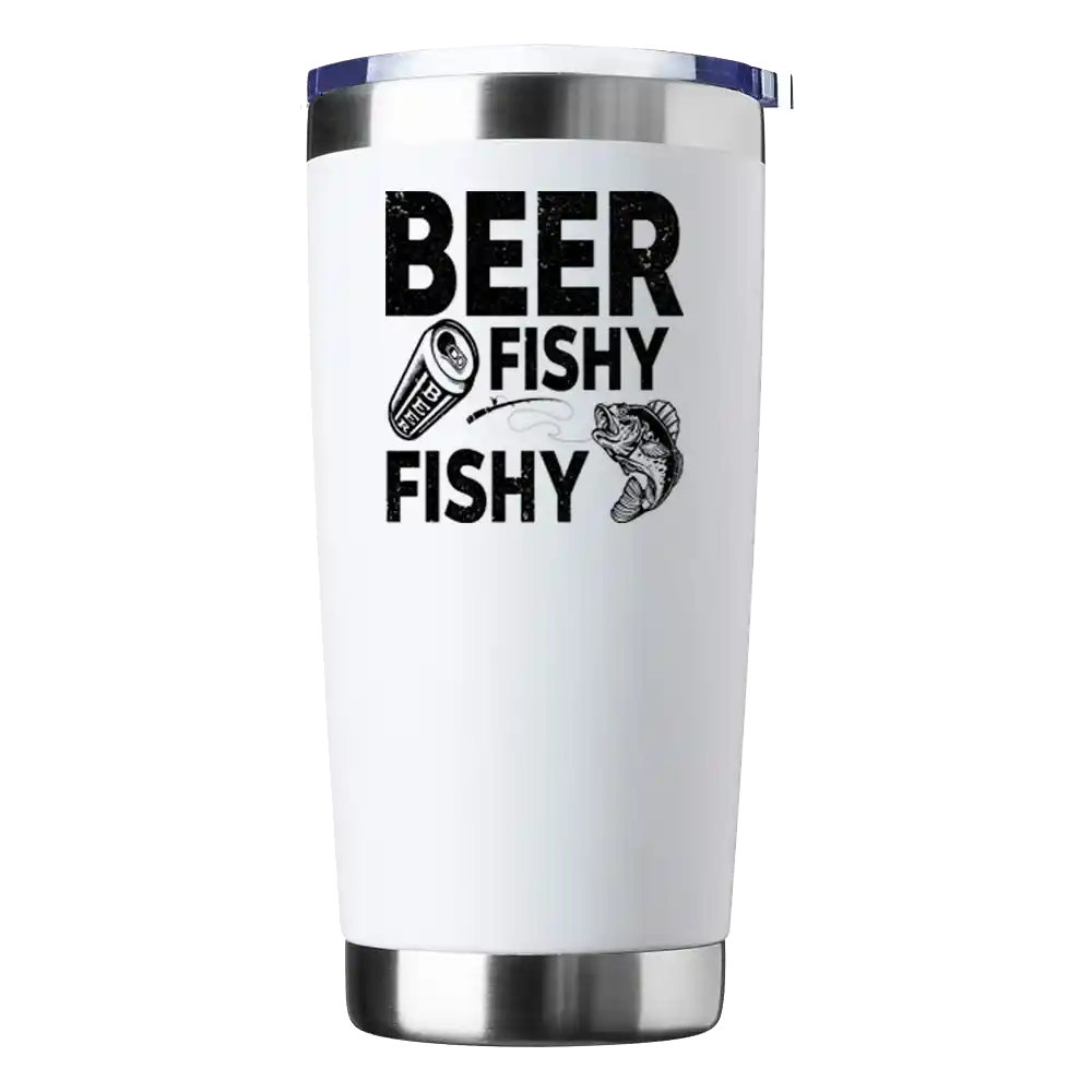 Beer Fishy Fishy 20oz insulated tumbler with a vibrant UV-printed design, perfect for hot and cold beverages.