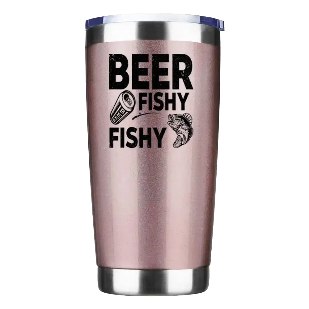 Beer Fishy Fishy 20oz insulated tumbler with a vibrant UV-printed design, perfect for hot and cold beverages.