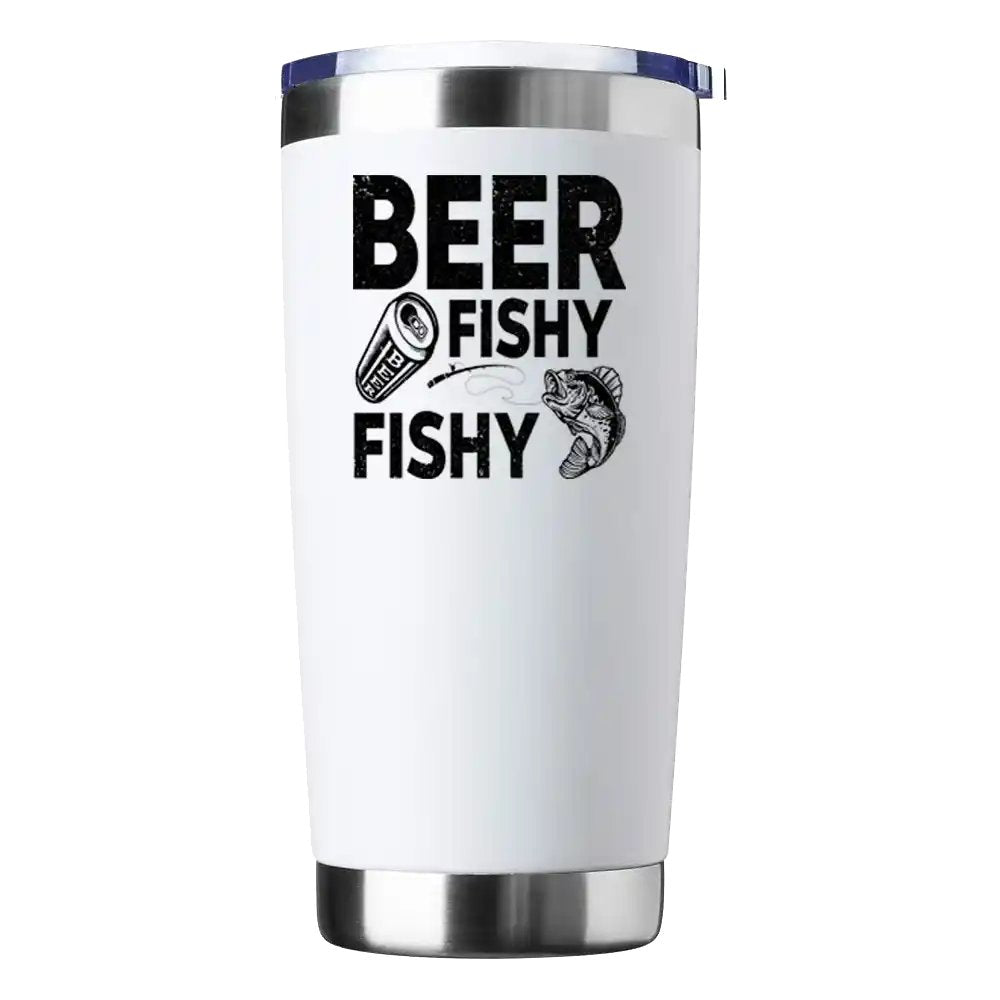 Beer Fishy Fishy 20oz insulated tumbler with a vibrant UV-printed design, perfect for hot and cold beverages.