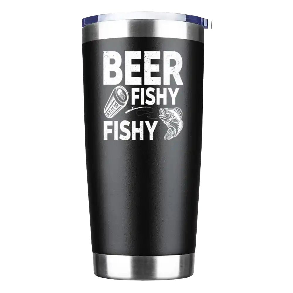 Beer Fishy Fishy 20oz insulated tumbler with a vibrant UV-printed design, perfect for hot and cold beverages.