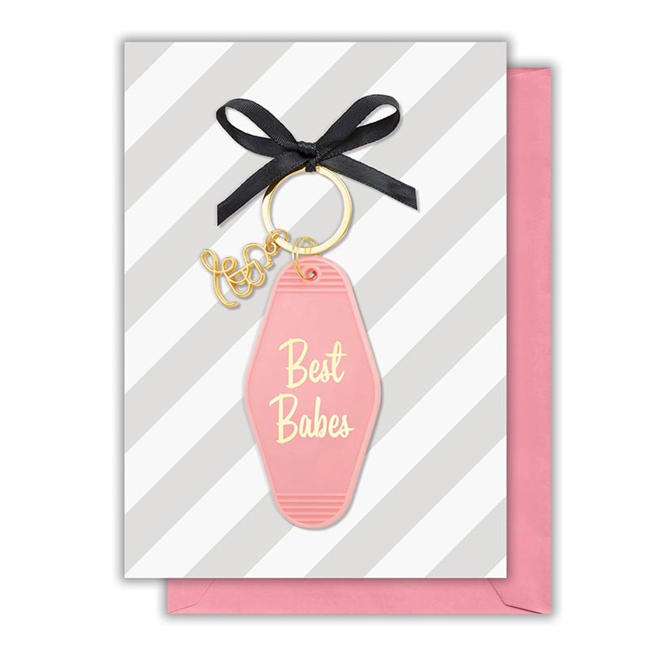 Colorful Best Babes Motel Style Keychain with a Happy Birthday greeting card, perfect for gifting.