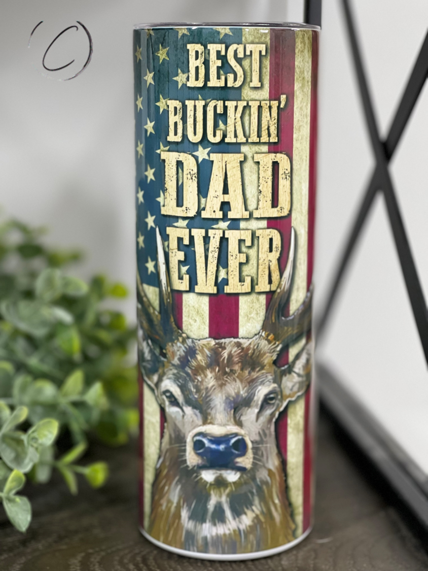 Best Buckin' Dad 20oz Skinny Tumbler with vibrant full wrap design and reusable straw.