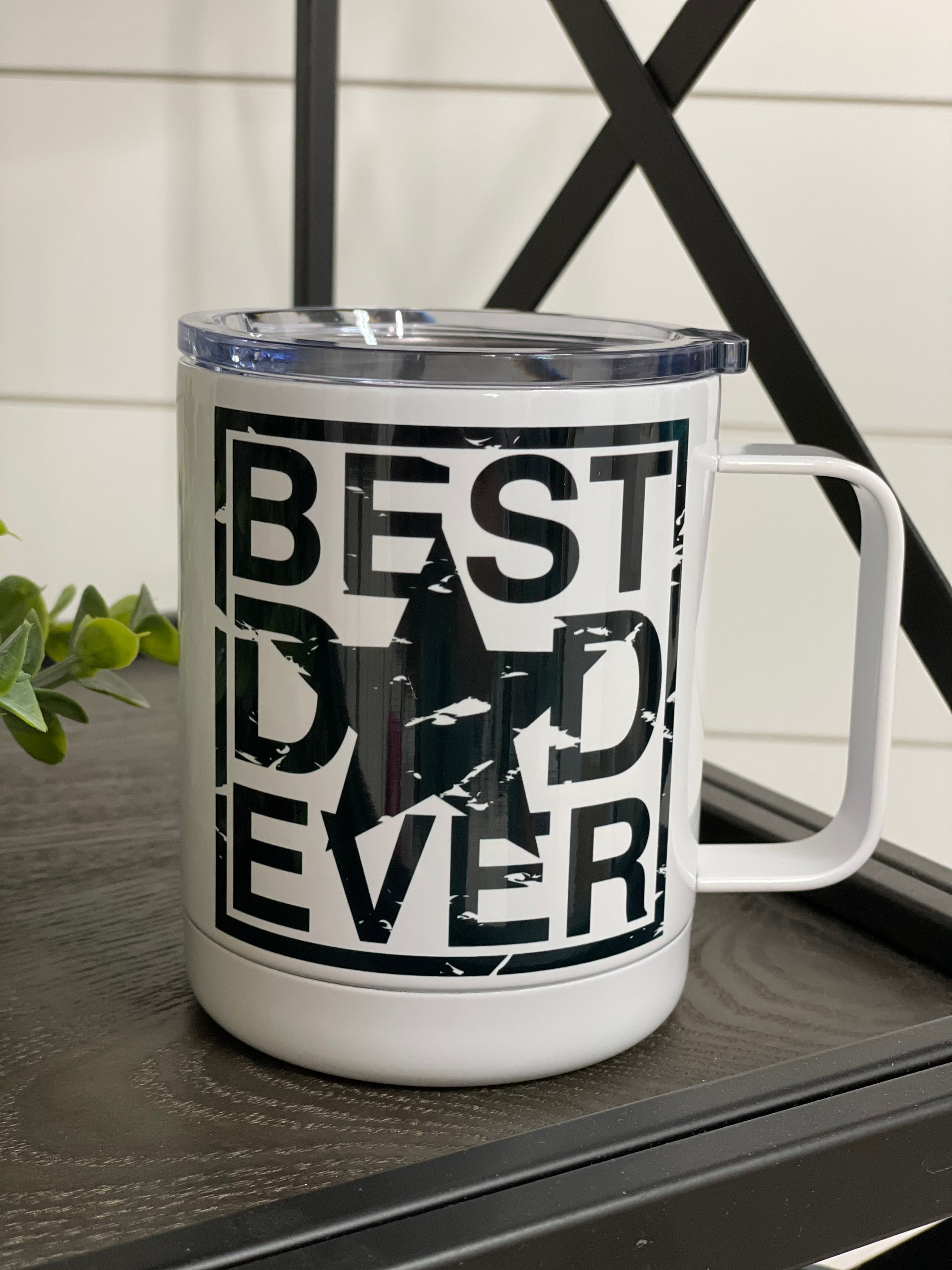 Best Dad Ever 11oz Travel Mug with a high-quality design on both sides, featuring a rubber sealed lid for spill-proof convenience.