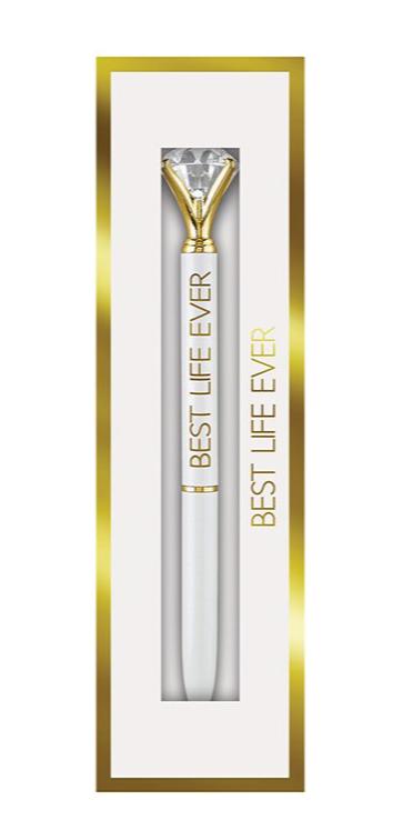 Best Life Ever Gem Pen with jewel-topped design in a gold gift box, showcasing elegance and luxury.