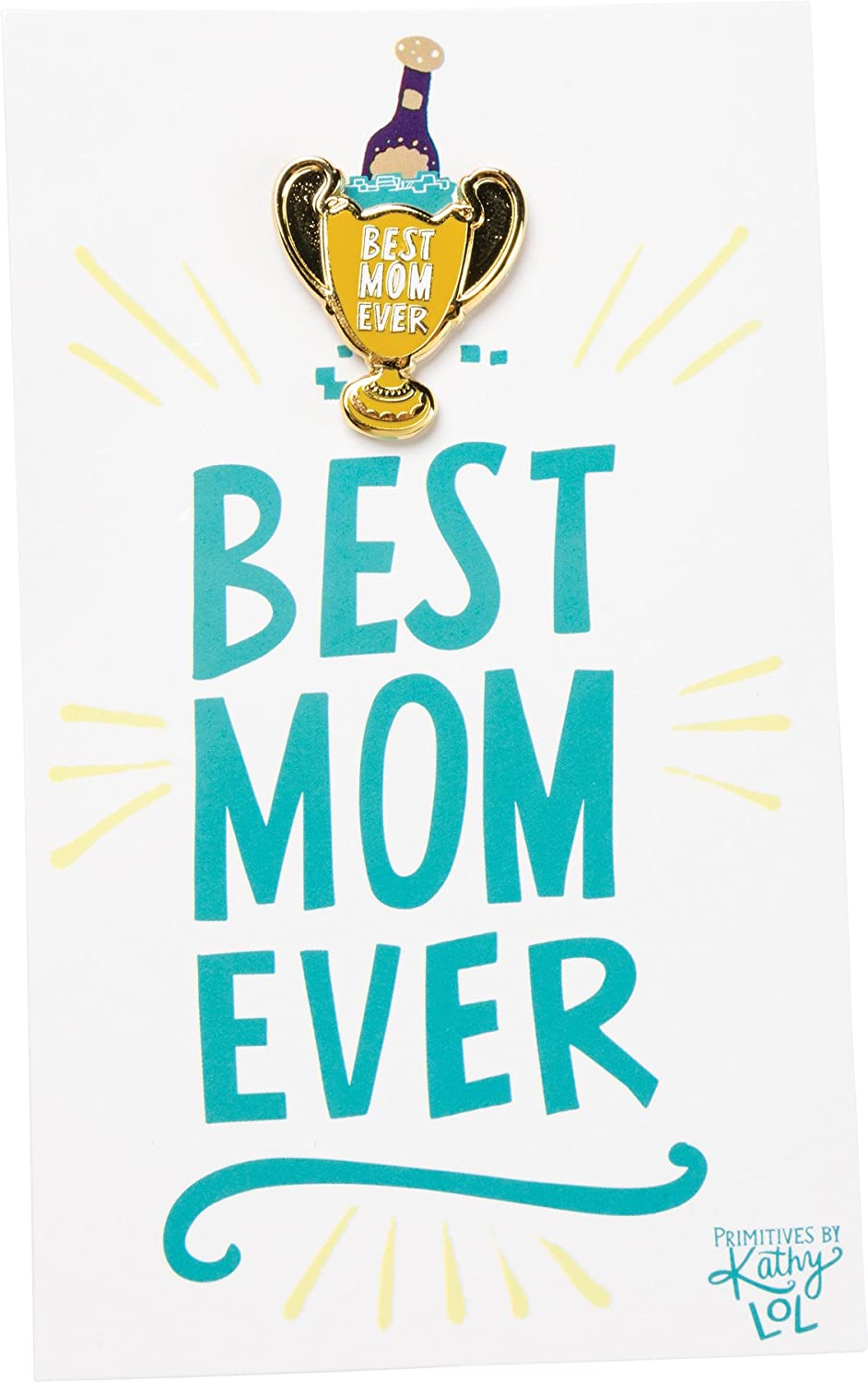 Best Mom Ever Trophy Enamel Pin on a gift card, showcasing a trophy design with vibrant colors.