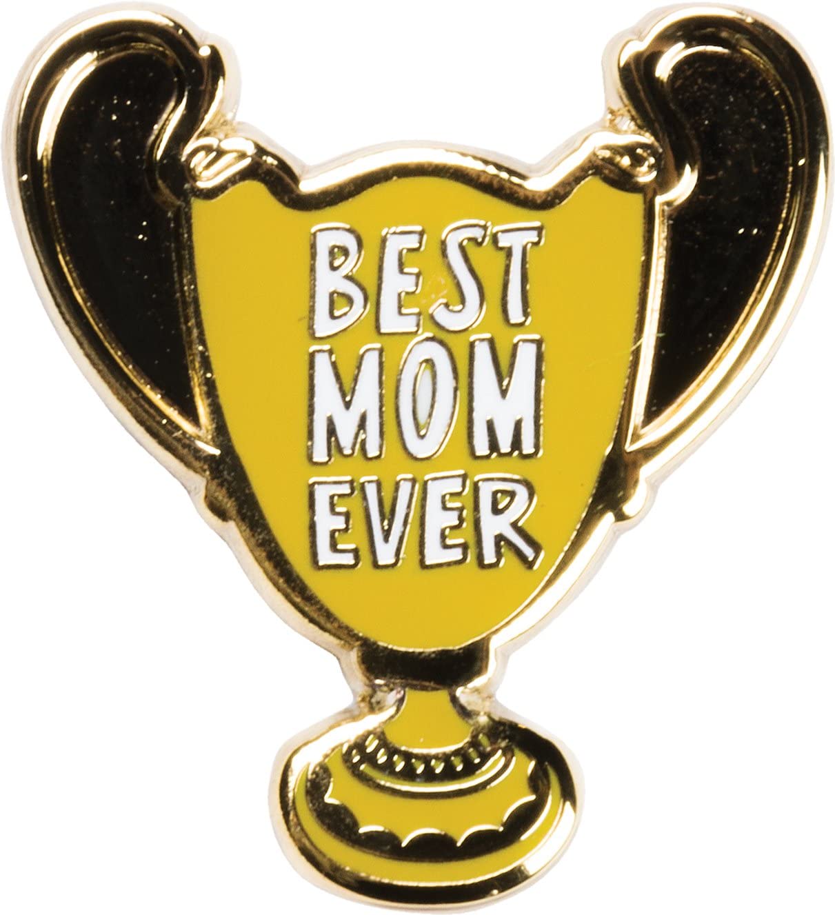 Best Mom Ever Trophy Enamel Pin on a gift card, showcasing a trophy design with vibrant colors.